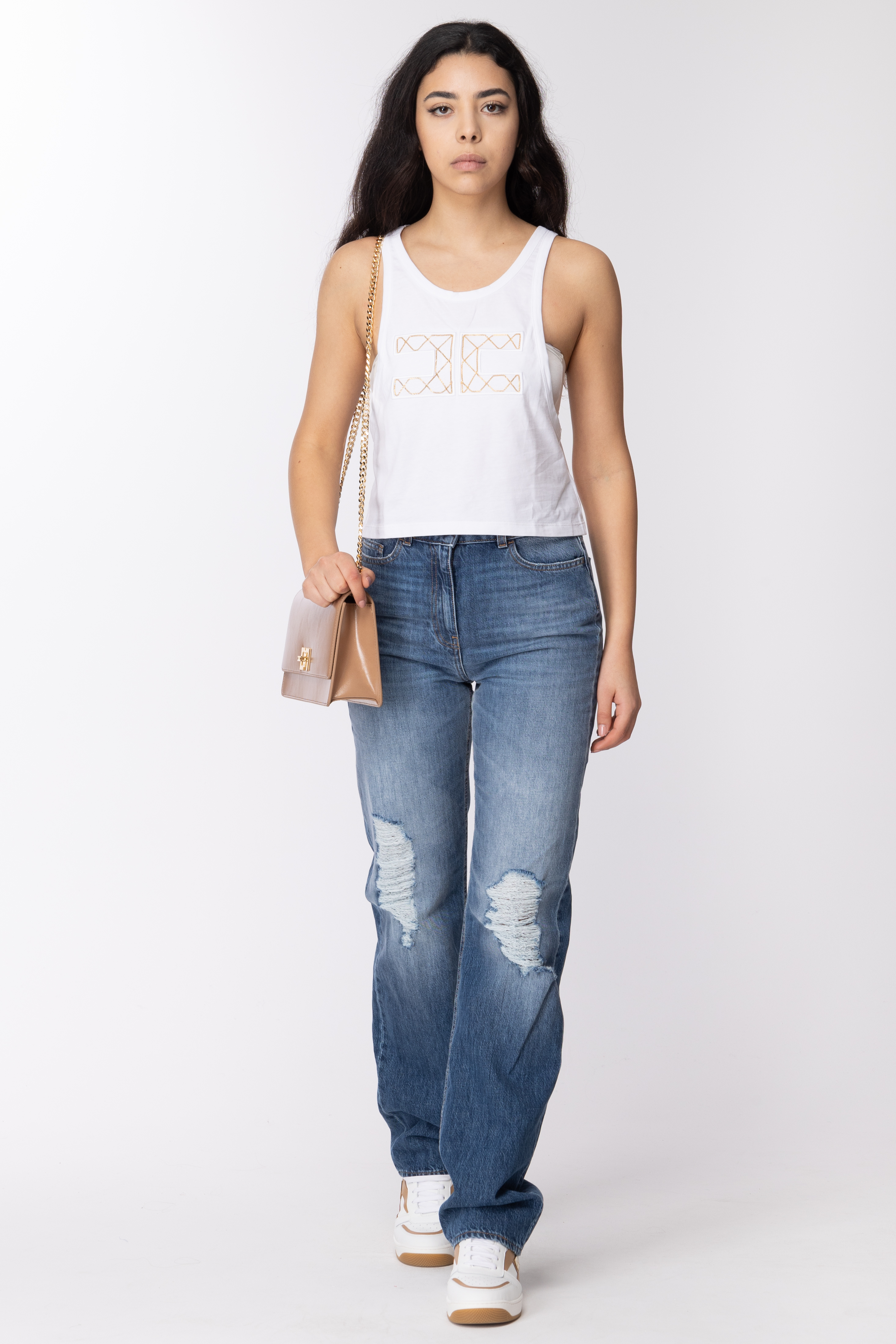 Preview: Elisabetta Franchi Top with embroidered logo Gesso