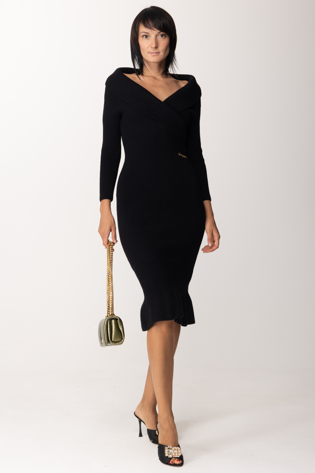 Preview: Elisabetta Franchi Knit midi dress with godet skirt Nero
