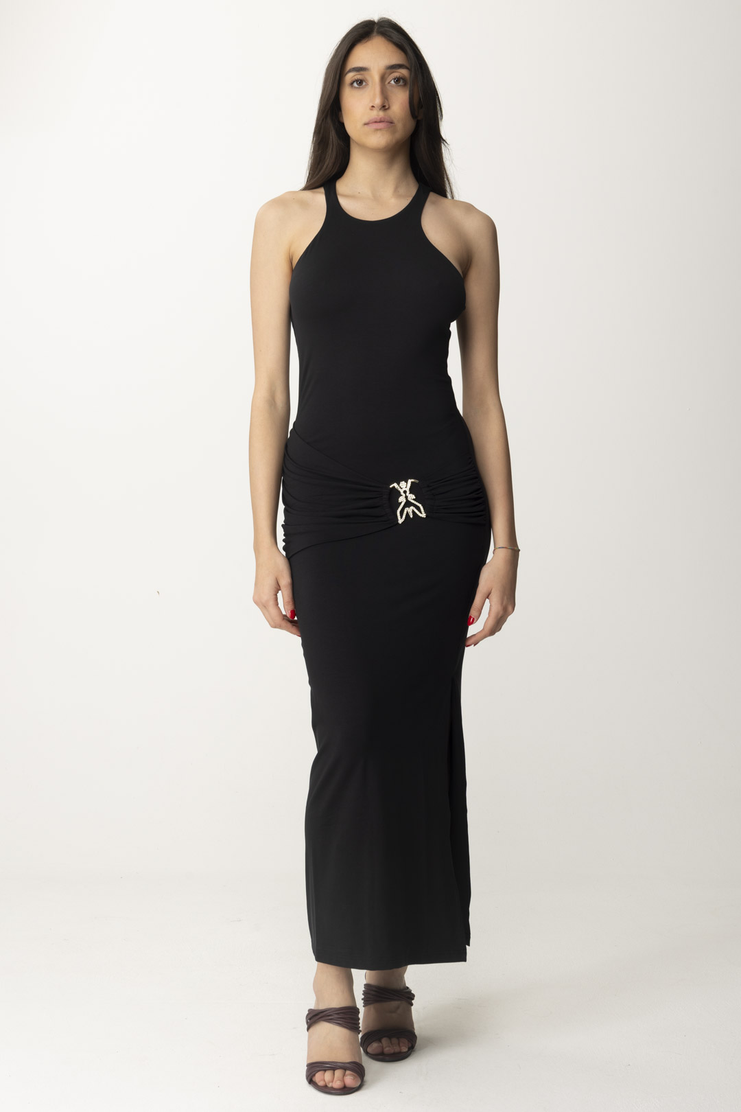 Preview: Patrizia Pepe Long Dress with Draping and Fly Logo Nero