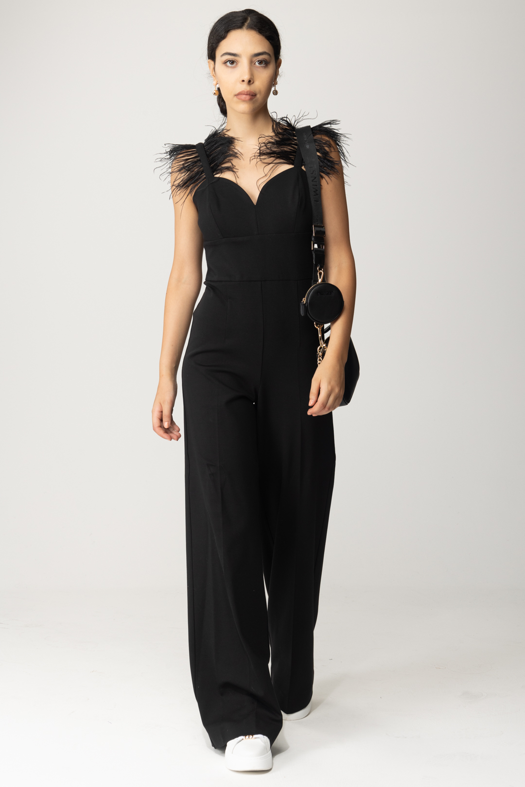 Preview: Twin-Set Jumpsuit with thin braces and feathers Nero