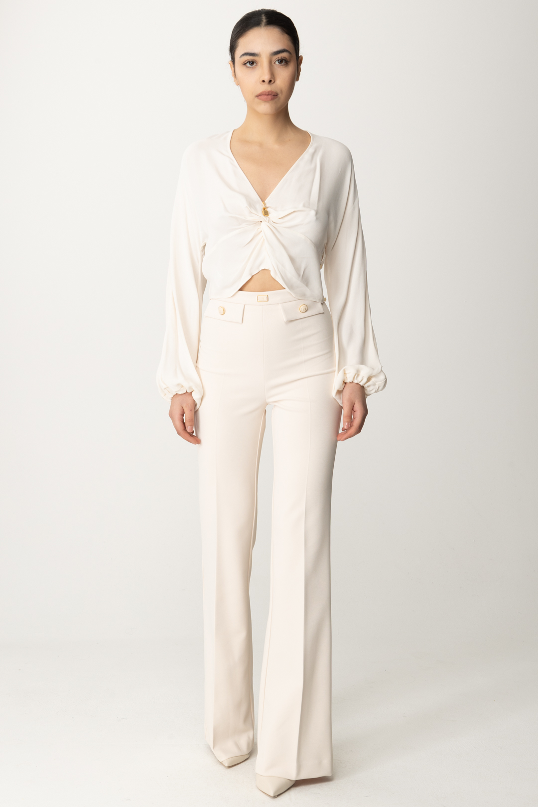 Preview: Elisabetta Franchi Flared trousers with logoed flaps at the waist Burro