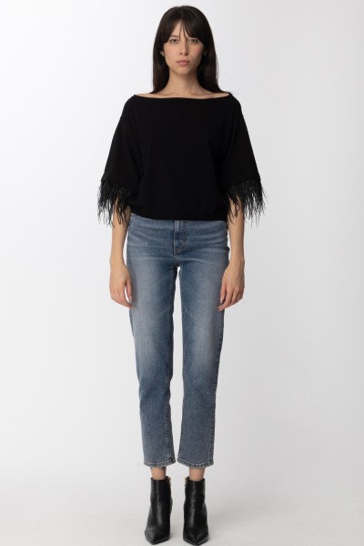 Twin-Set  Three-quarter sleeves sweater with feathers 222TP3044 NERO