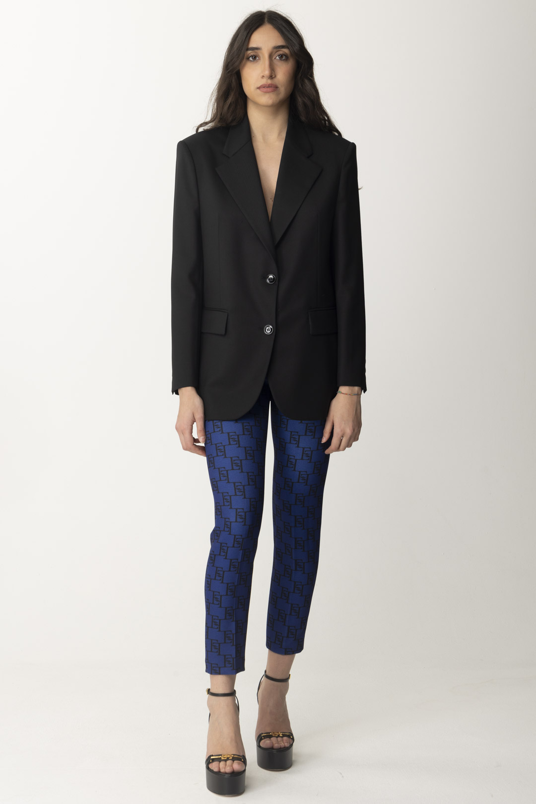 Preview: Elisabetta Franchi Logo print stretch trousers BLUE INDACO/NERO