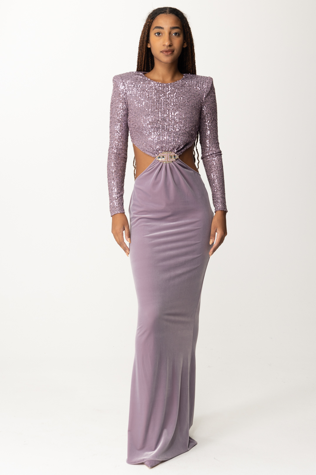 Preview: Elisabetta Franchi Red Carpet Dress with Embroidered Top and Cut-Out CANDY VIOLET