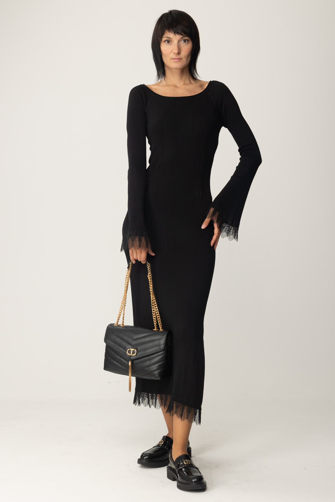 Preview: Twin-Set Ribbed midi dress with lace Nero