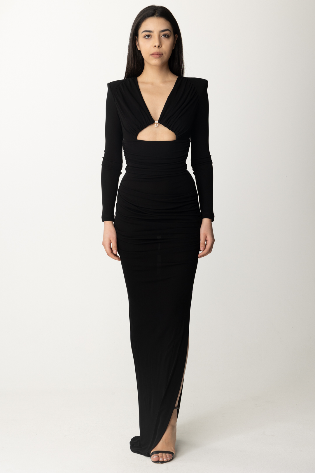 Preview: Elisabetta Franchi Draped Red Carpet Dress with Cut-Out Nero