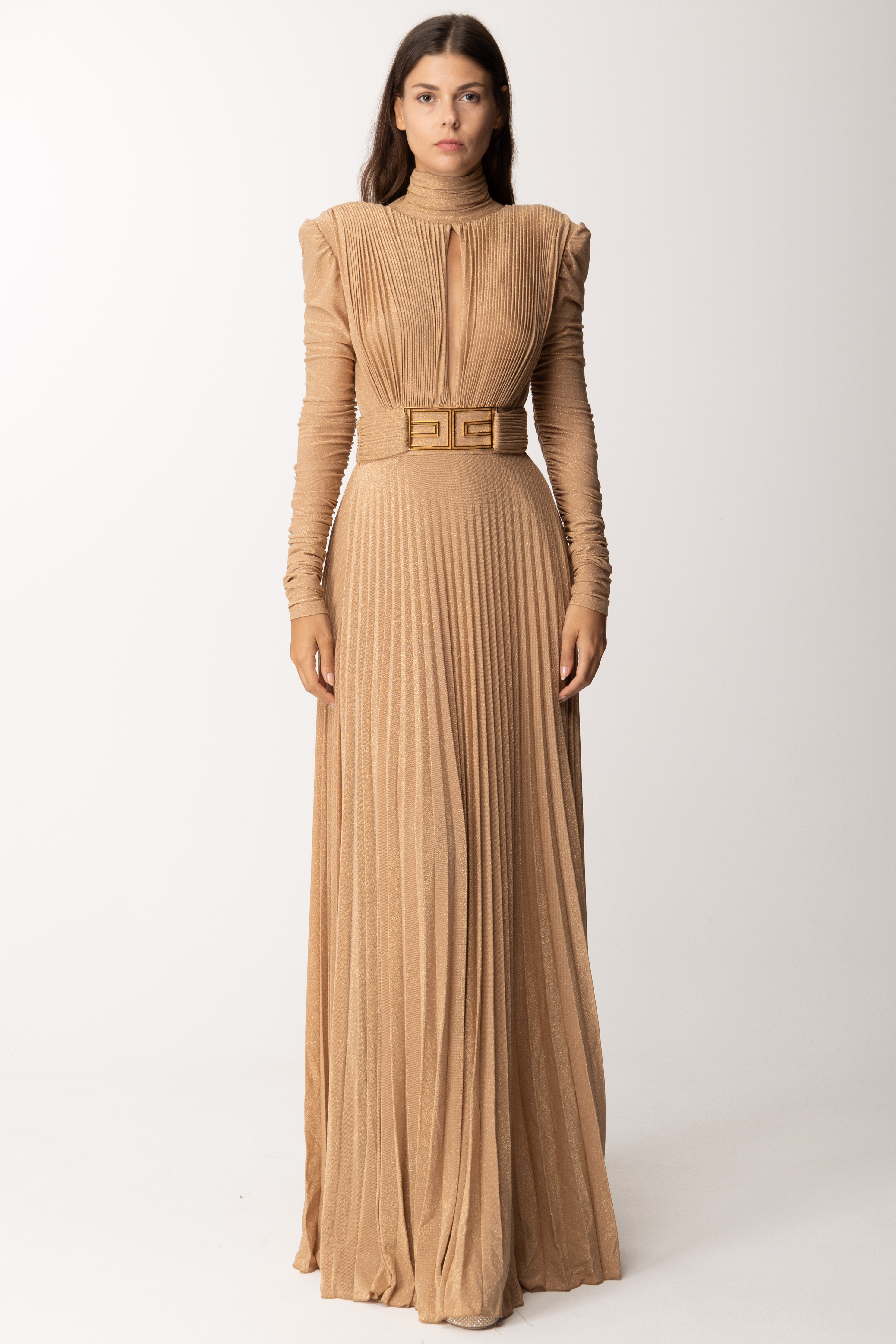 Preview: Elisabetta Franchi Red Carpet dress in pleated lurex jersey Caramello