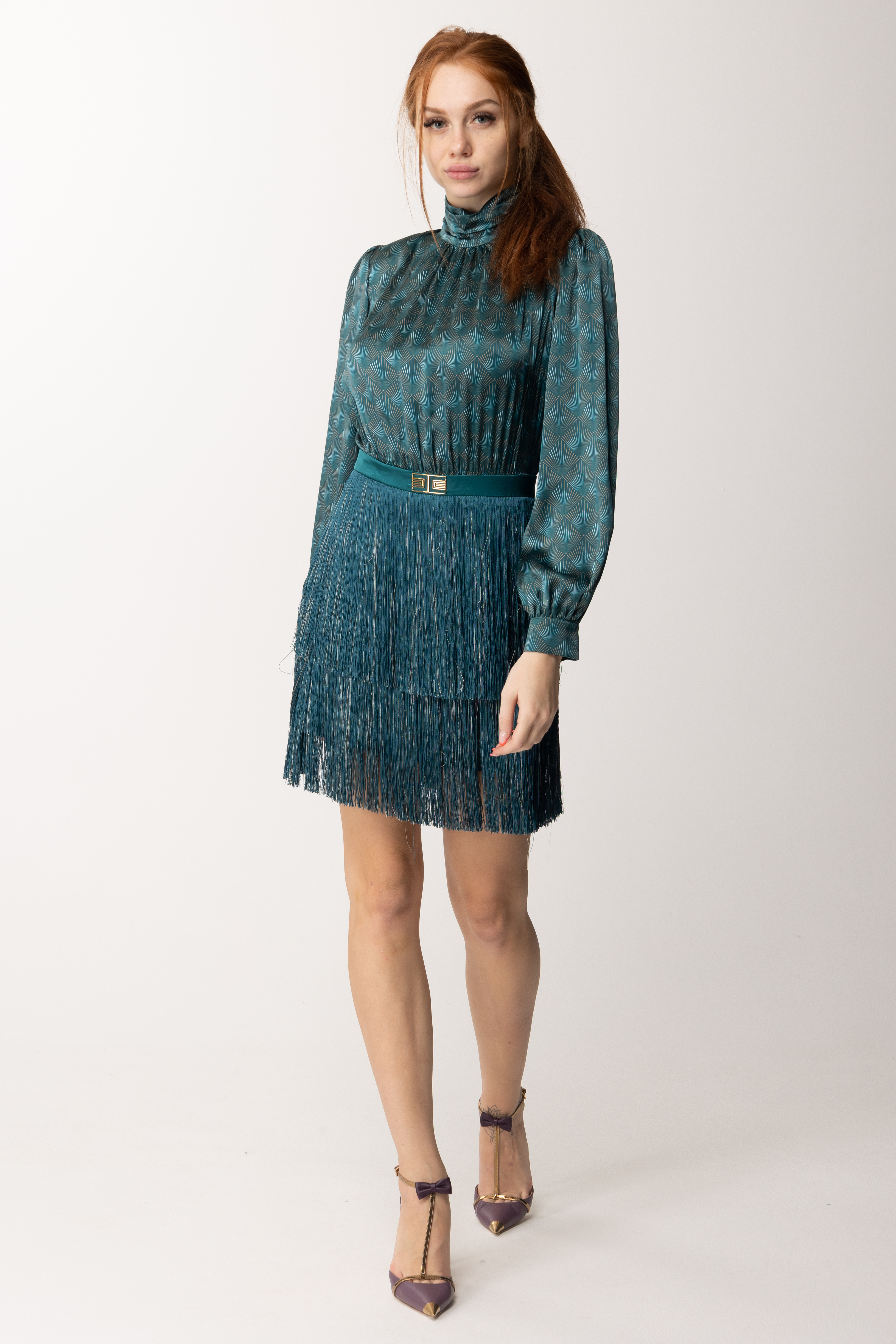 Preview: Elisabetta Franchi Silk mini dress with fringes Pavone