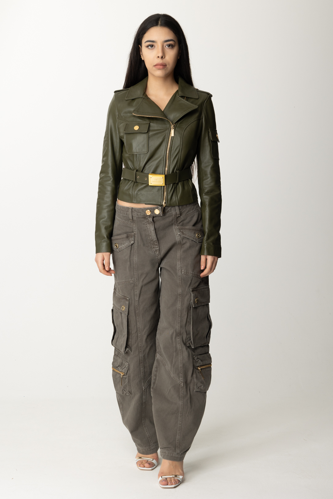 Preview: Elisabetta Franchi Short leather jacket with belt ARMY