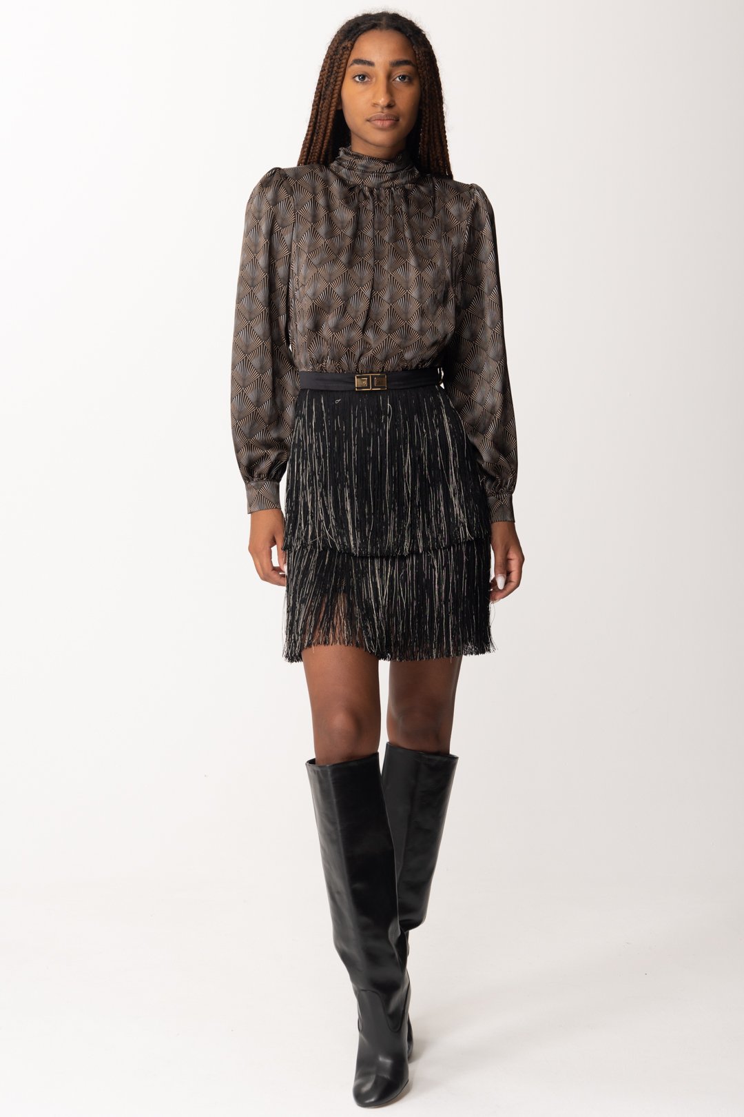 Podgląd: Elisabetta Franchi Jedwabna sukienka mini z frędzlami Nero