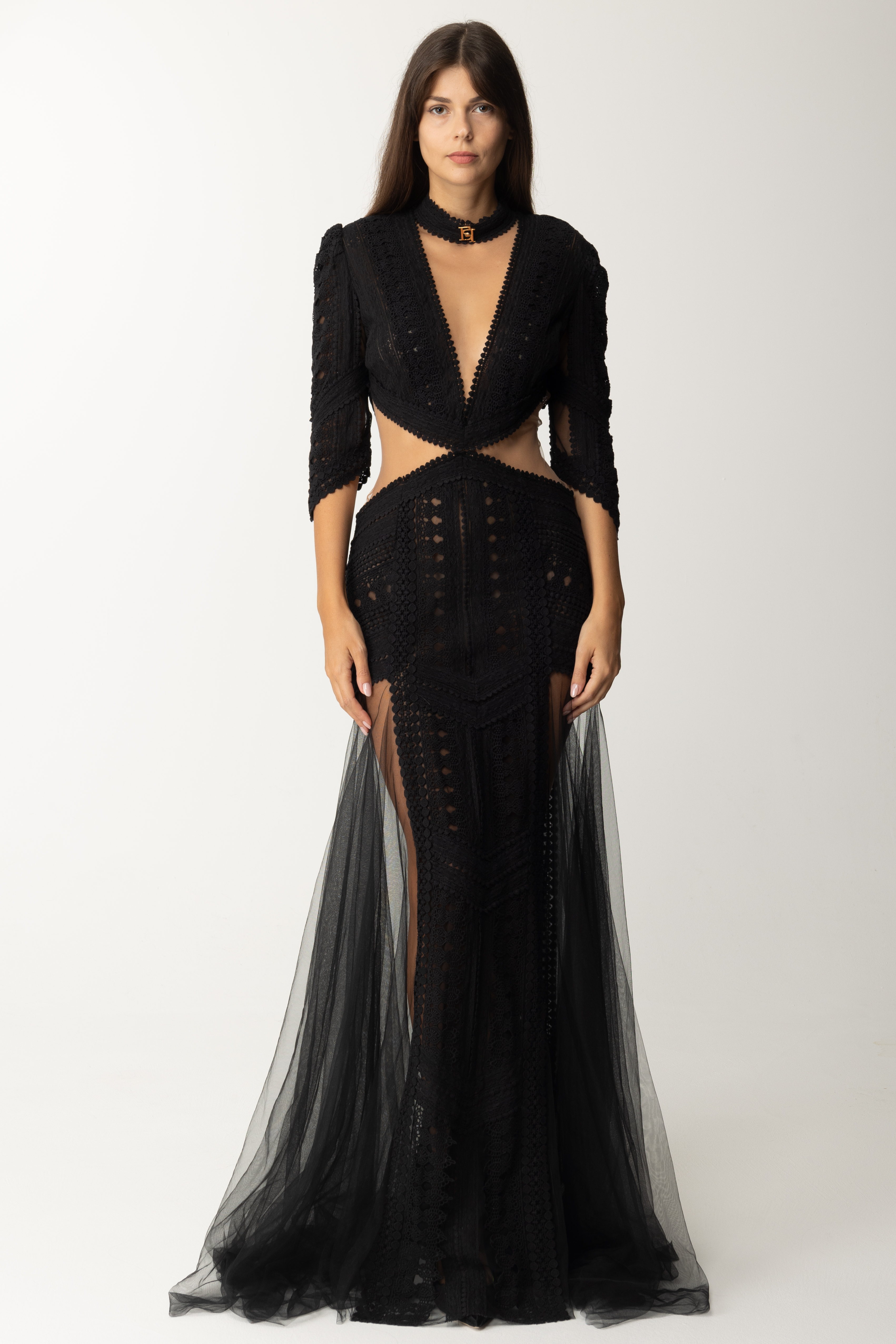 Preview: Elisabetta Franchi Red carpet dress in lace and tulle Nero
