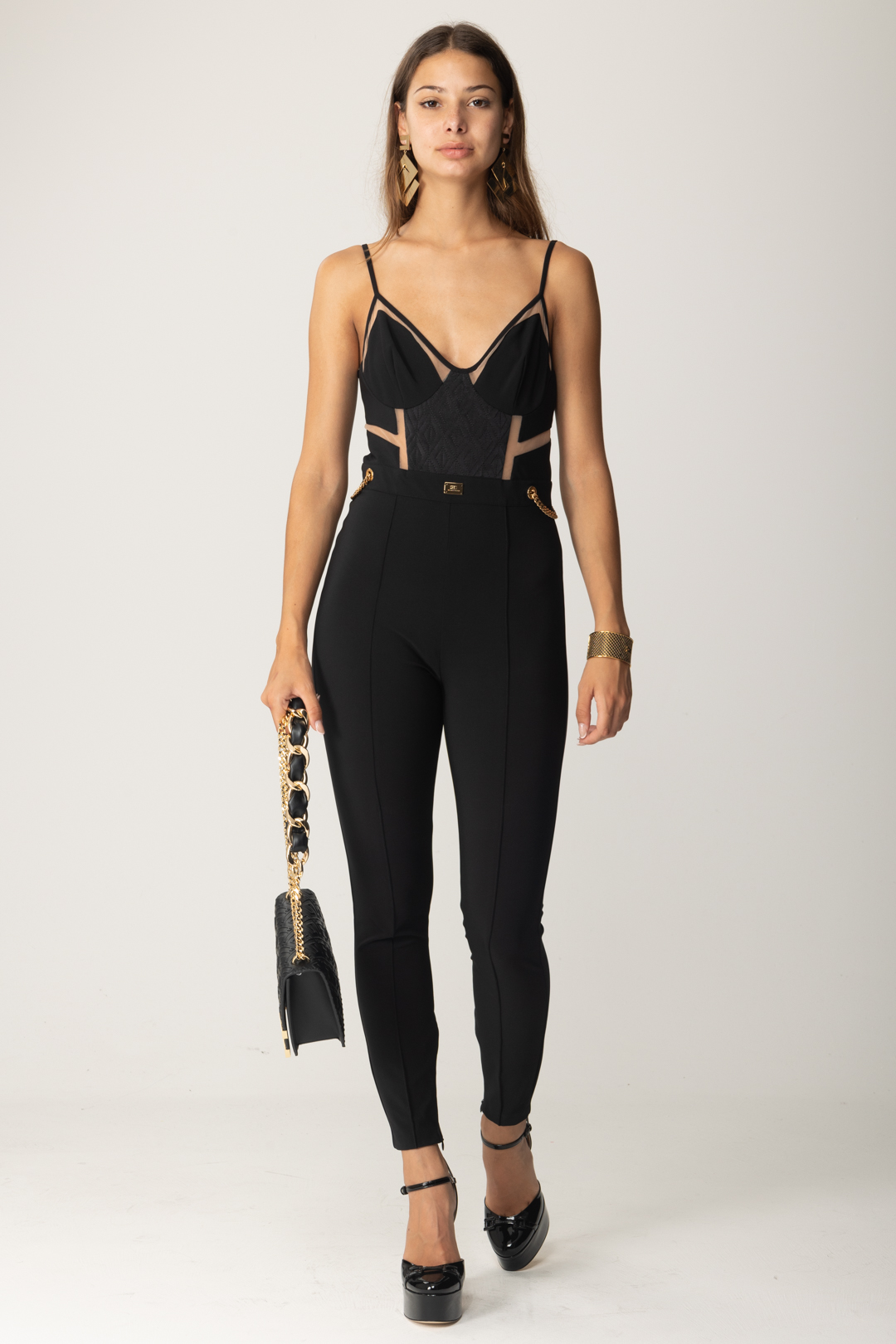 Preview: Elisabetta Franchi Bustier jumpsuit with tulle inserts Nero
