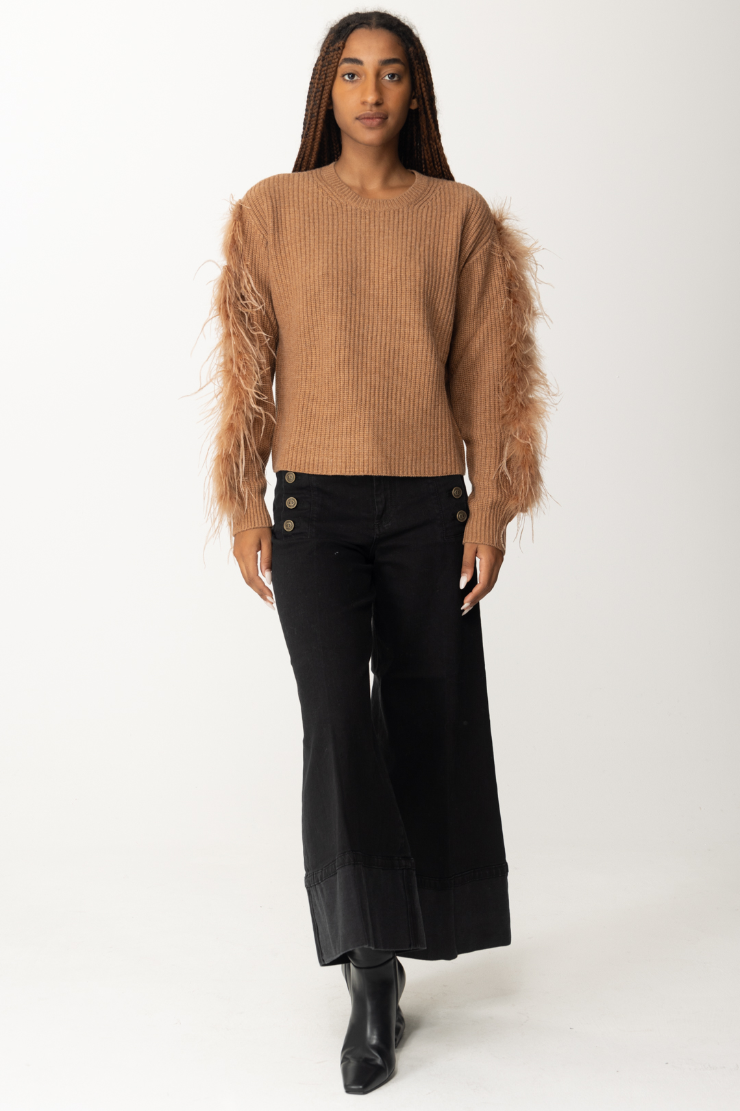 Preview: Twin-Set Wool blend sweater with feathers PECAN BROWN
