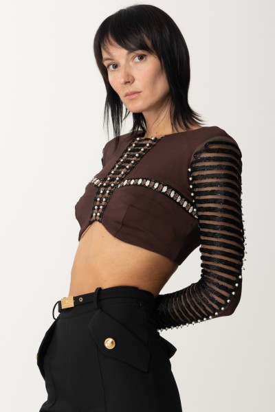 Elisabetta Franchi  Crop top with ethnic embroidery MD00835E2 FONDENTE