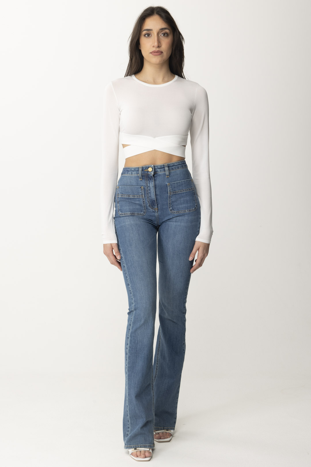 Preview: Elisabetta Franchi Knit Crop Top with Cut-Out Avorio