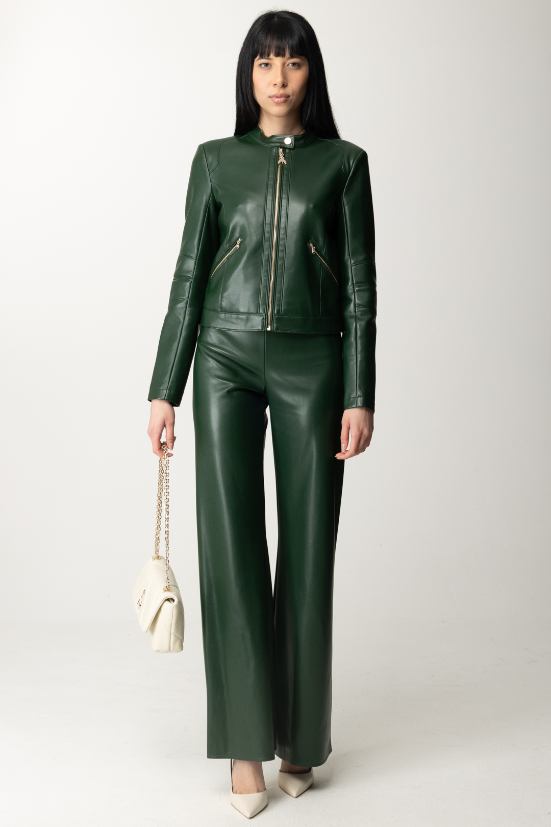 Preview: Patrizia Pepe Shiny leather palazzo trousers Tuscany Green