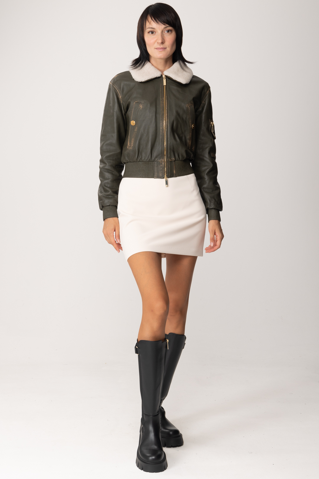 Preview: Elisabetta Franchi Bomber jacket in leather with sheepskin collar ARMY