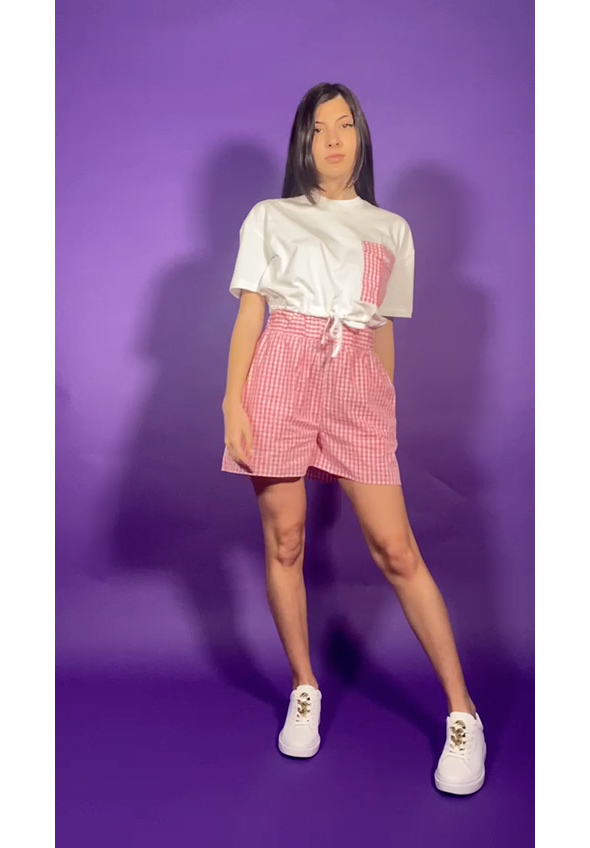 Preview: Twin-Set Crop T-shirt with drawstring and Vichy pocket BIC OFF WHITE/HOT PINK
