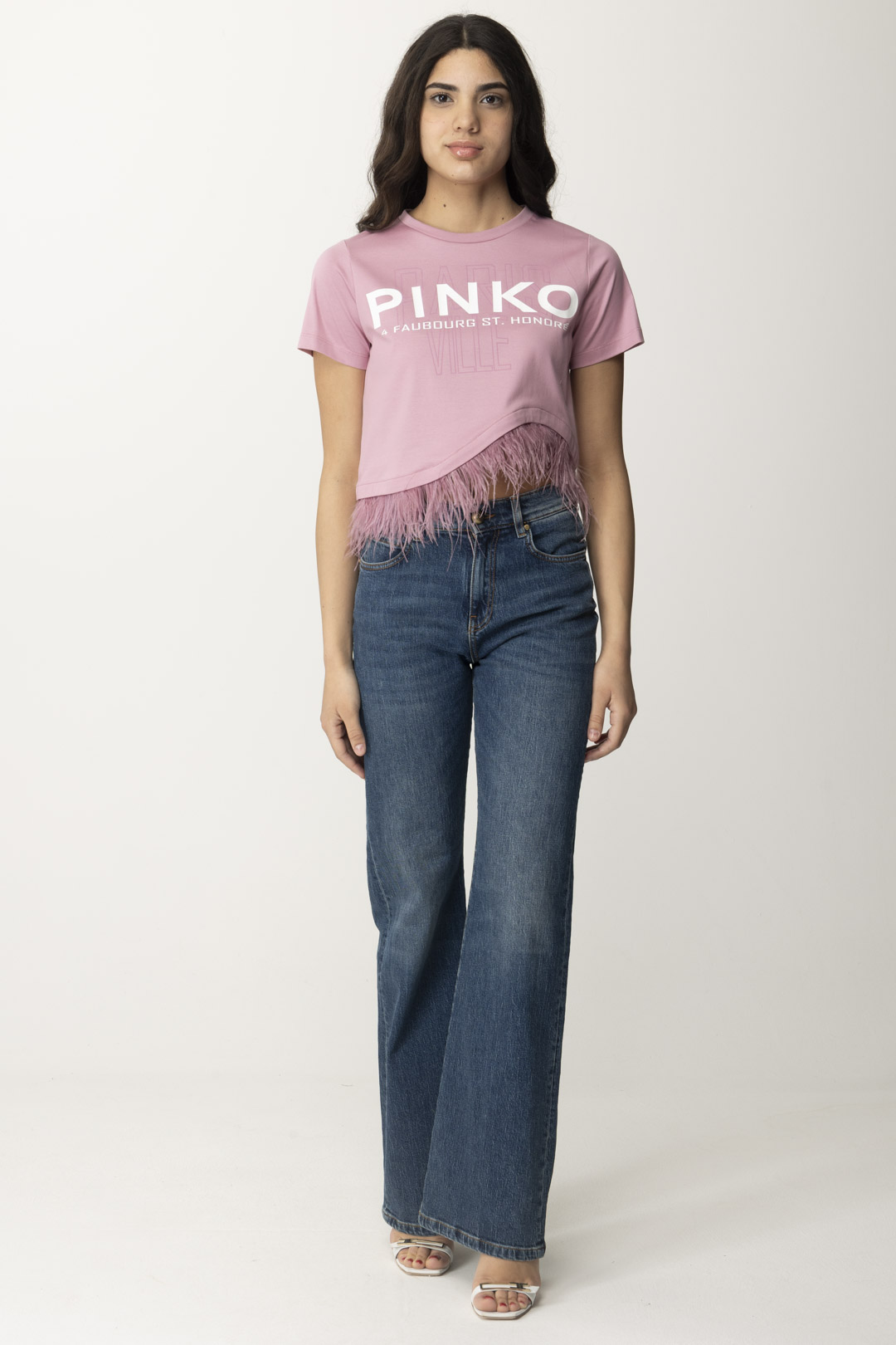 Anteprima: Pinko T-shirt con logo e piumette FUMO ORCHIDEA