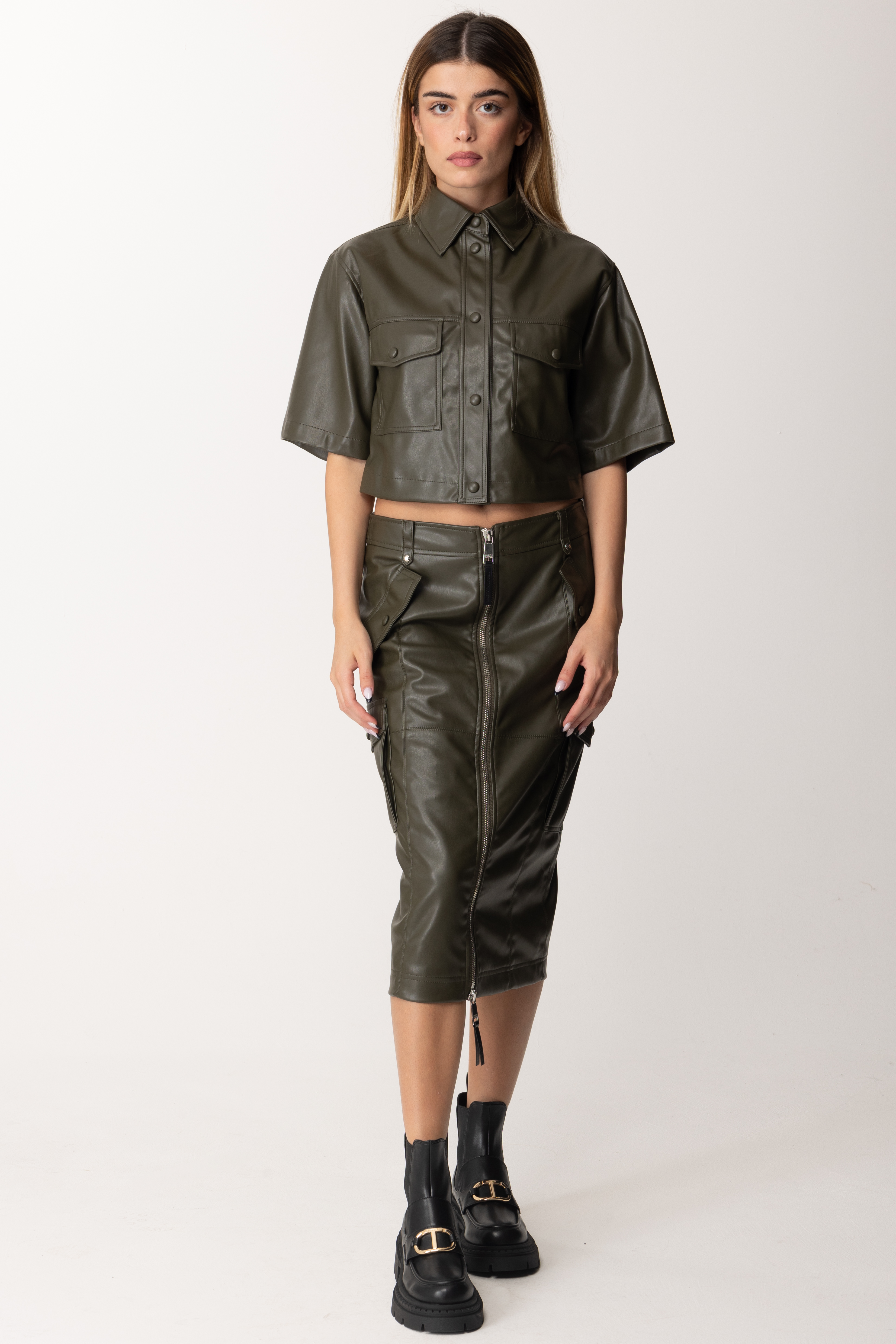 Preview: Marco Bologna Cropped leather shirt MILITARY