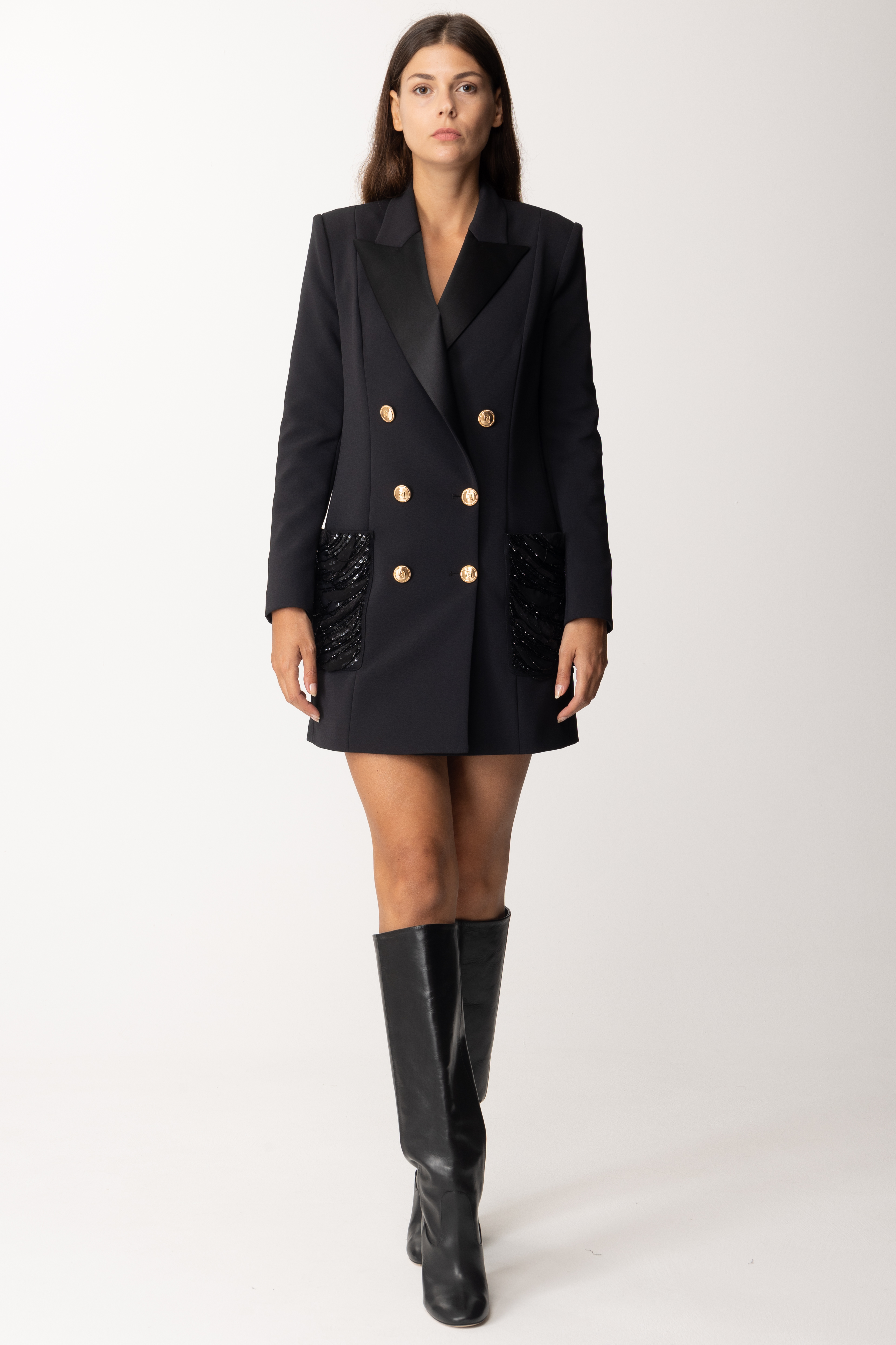 Preview: Elisabetta Franchi Double crêpe robe-manteau with embroidered pockets Nero