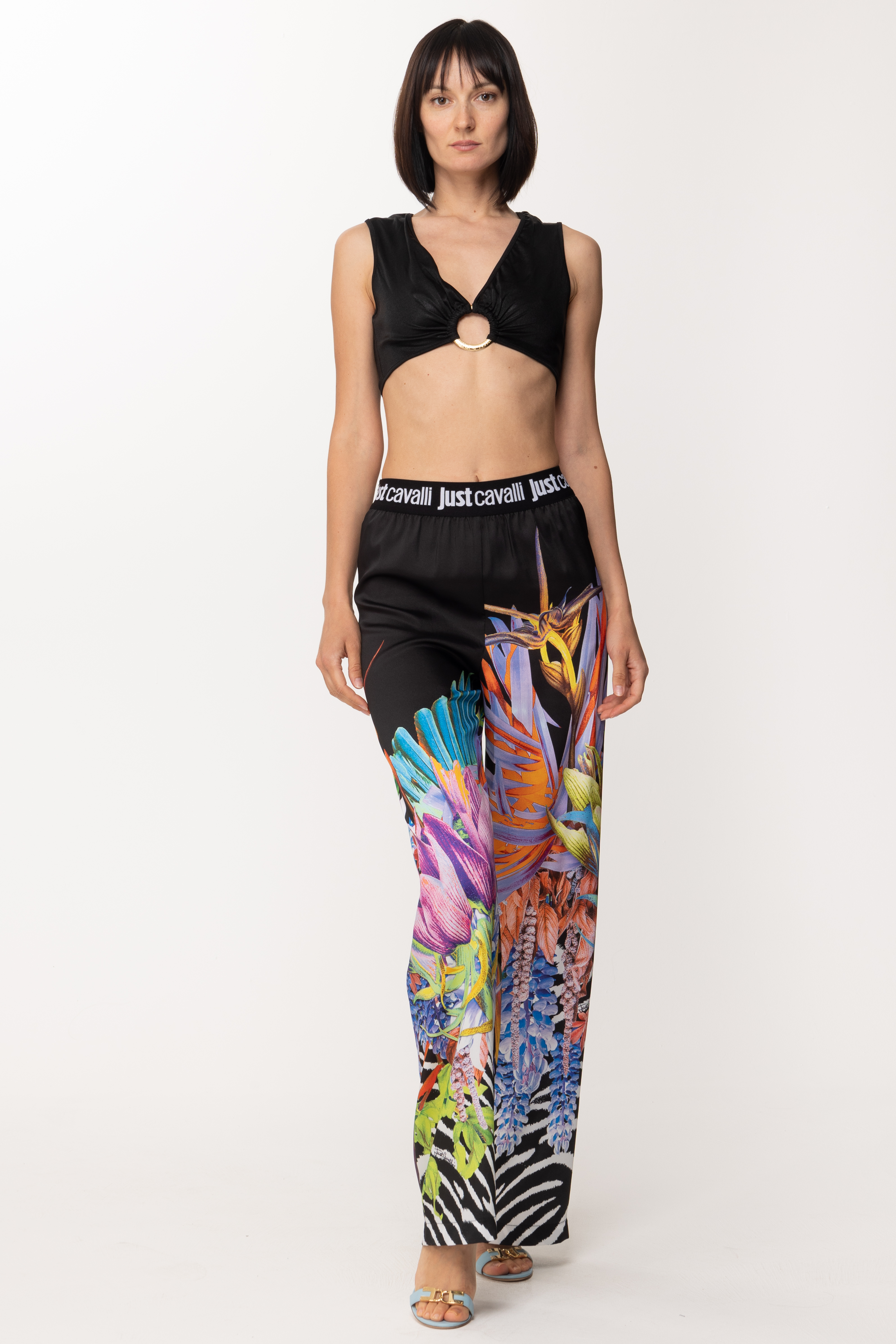 Preview: Just Cavalli Flare pants with floral zebra print Black