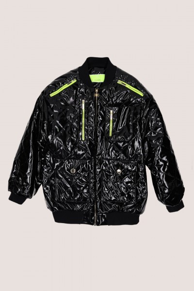 ELISABETTA FRANCHI BAMBINA  Patent quilted bomber jacket with fluorescent details EFGB0990PE064N000 NERO