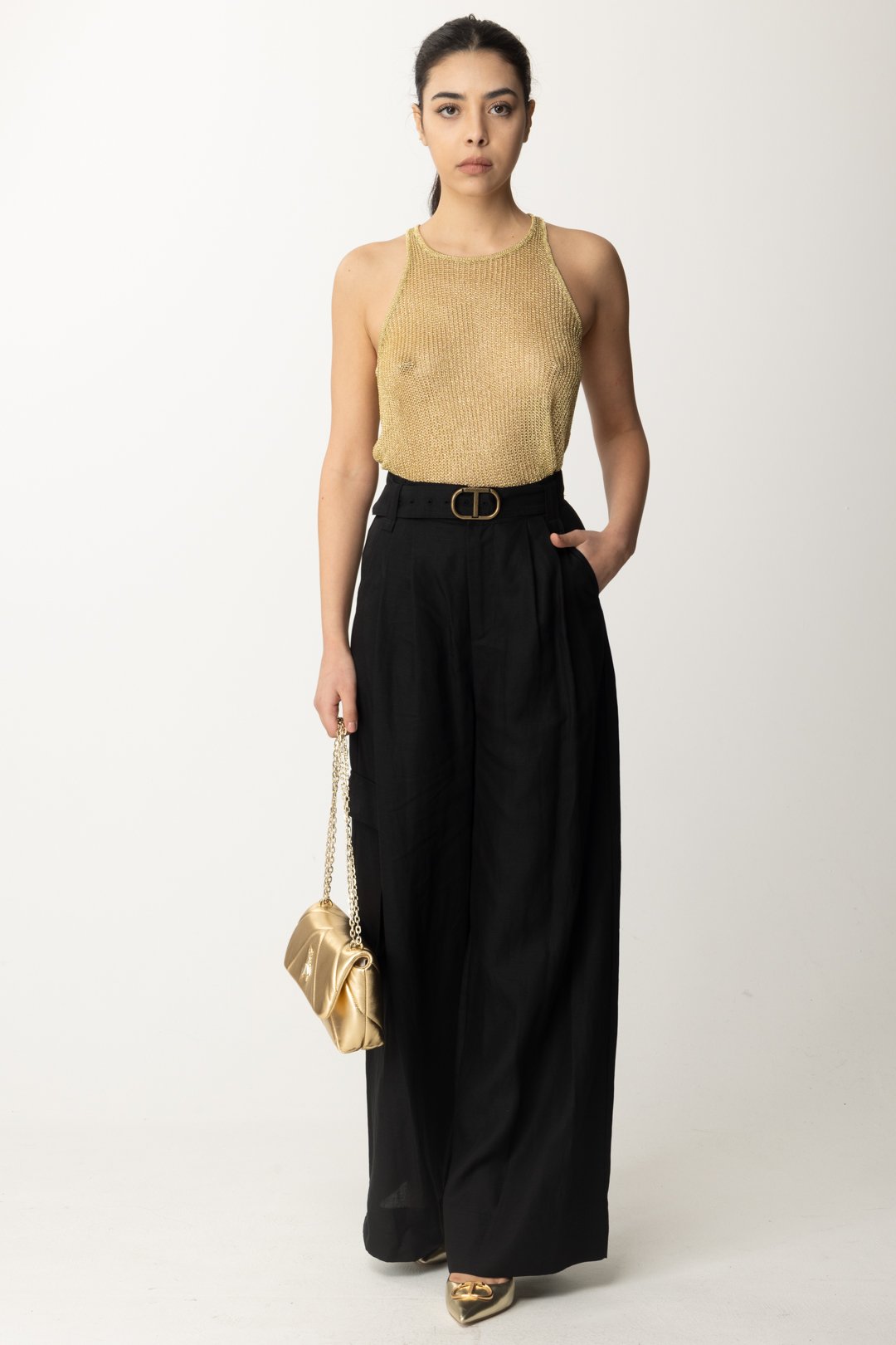 Preview: Twin-Set Wide leg trousers with belt Nero