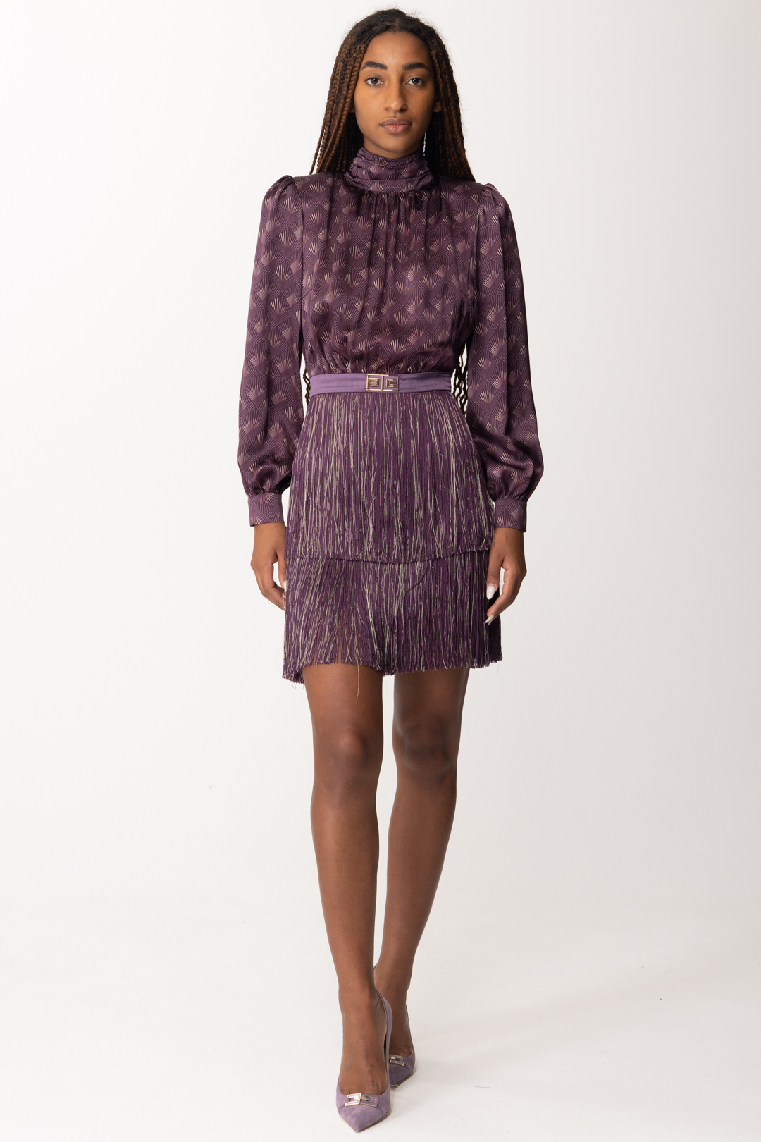 Preview: Elisabetta Franchi Silk mini dress with fringes PRUGNA