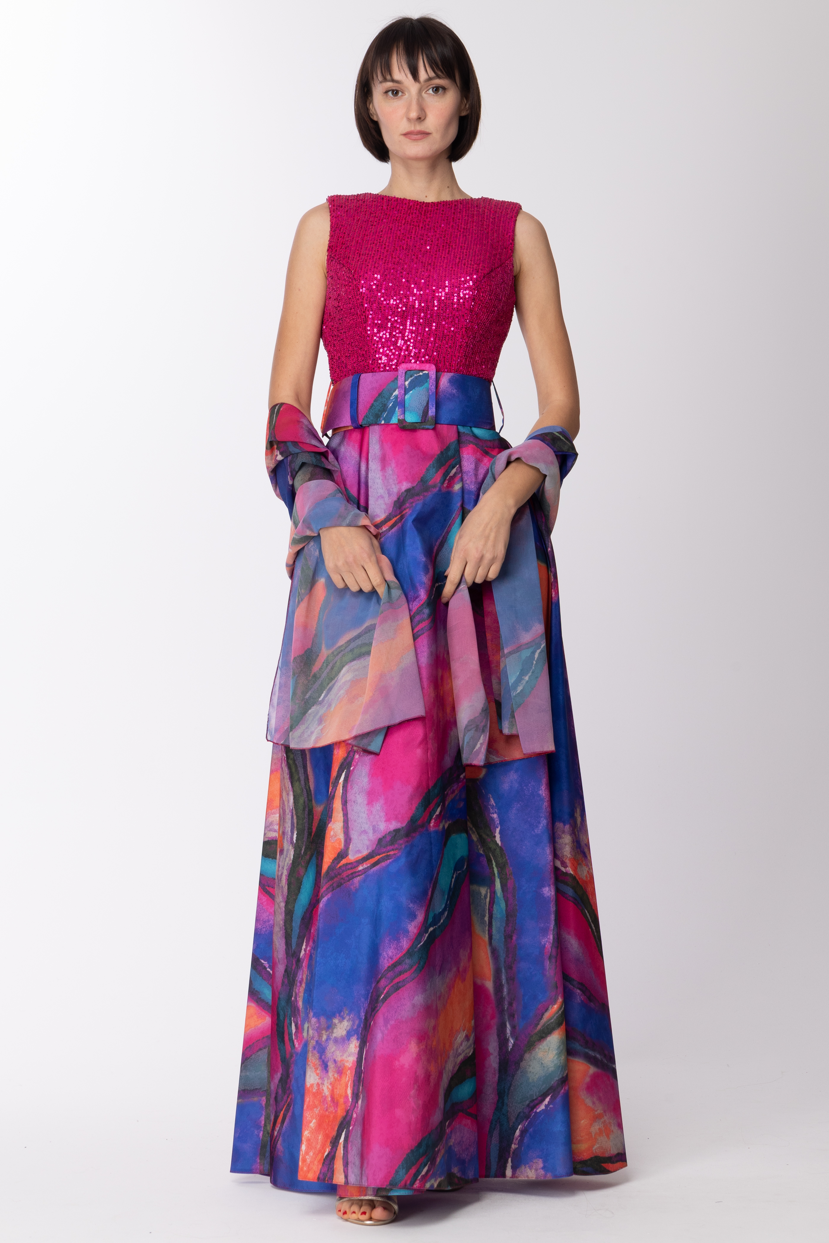 Preview: Fabiana Ferri Long dress with embroidered top and patterned skirt Fantasia