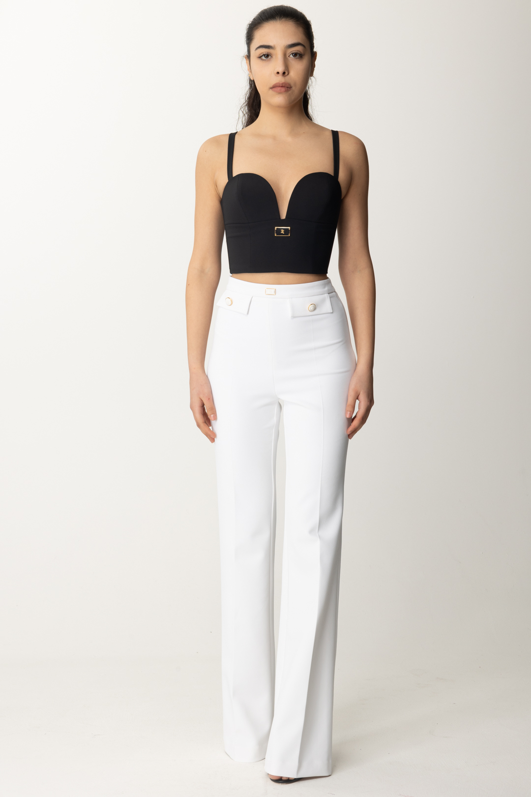 Preview: Elisabetta Franchi Flared trousers with logoed flaps at the waist Avorio