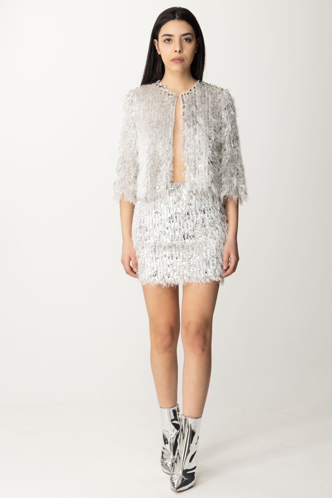 Preview: Elisabetta Franchi Mini skirt in fringed organza Argento
