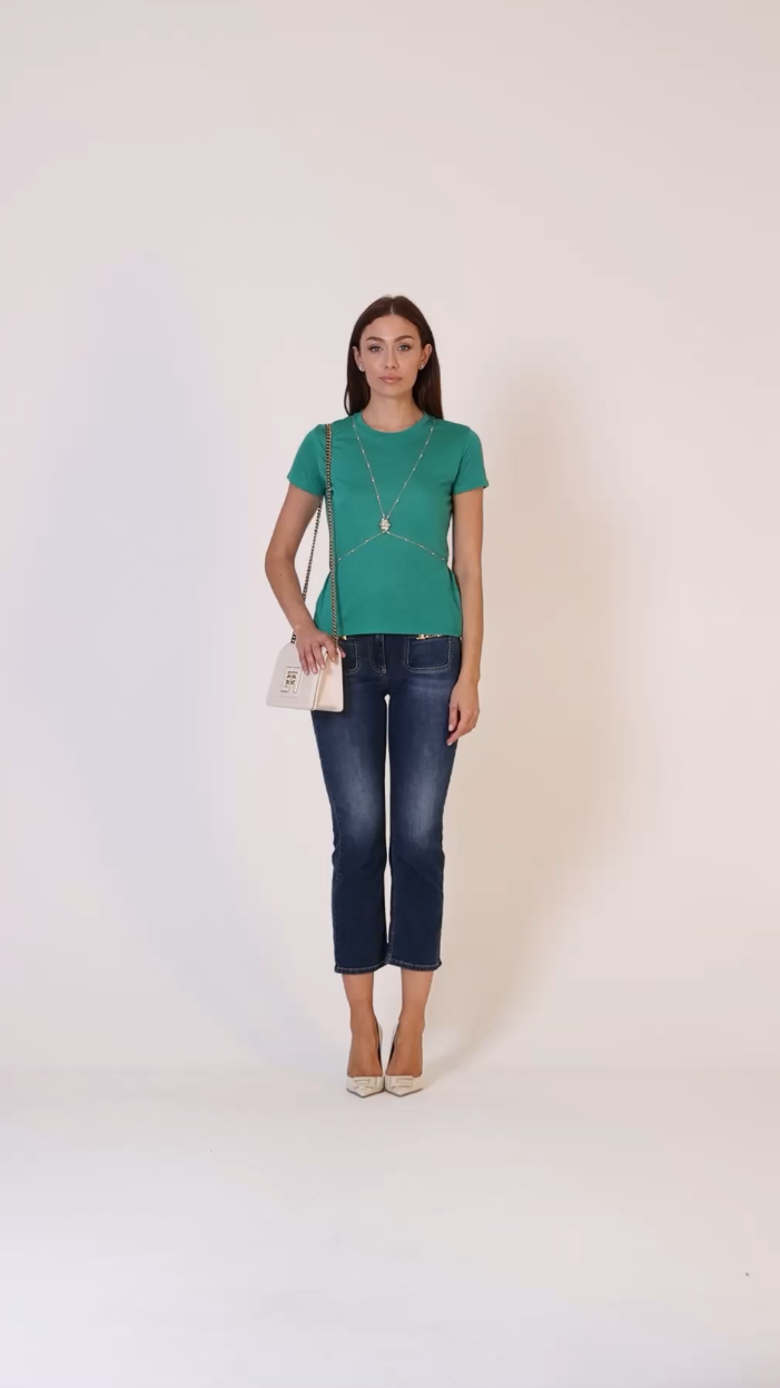 Preview: Elisabetta Franchi T-shirt with chain and bead applique Smeraldo