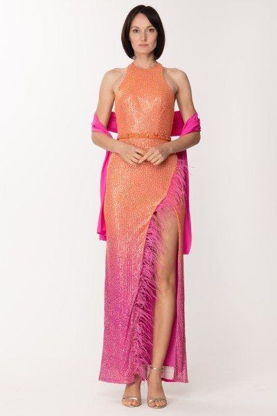 Fabiana Ferri  Long dress with side slit and feathers 30767 FUXIA/ARANCIO