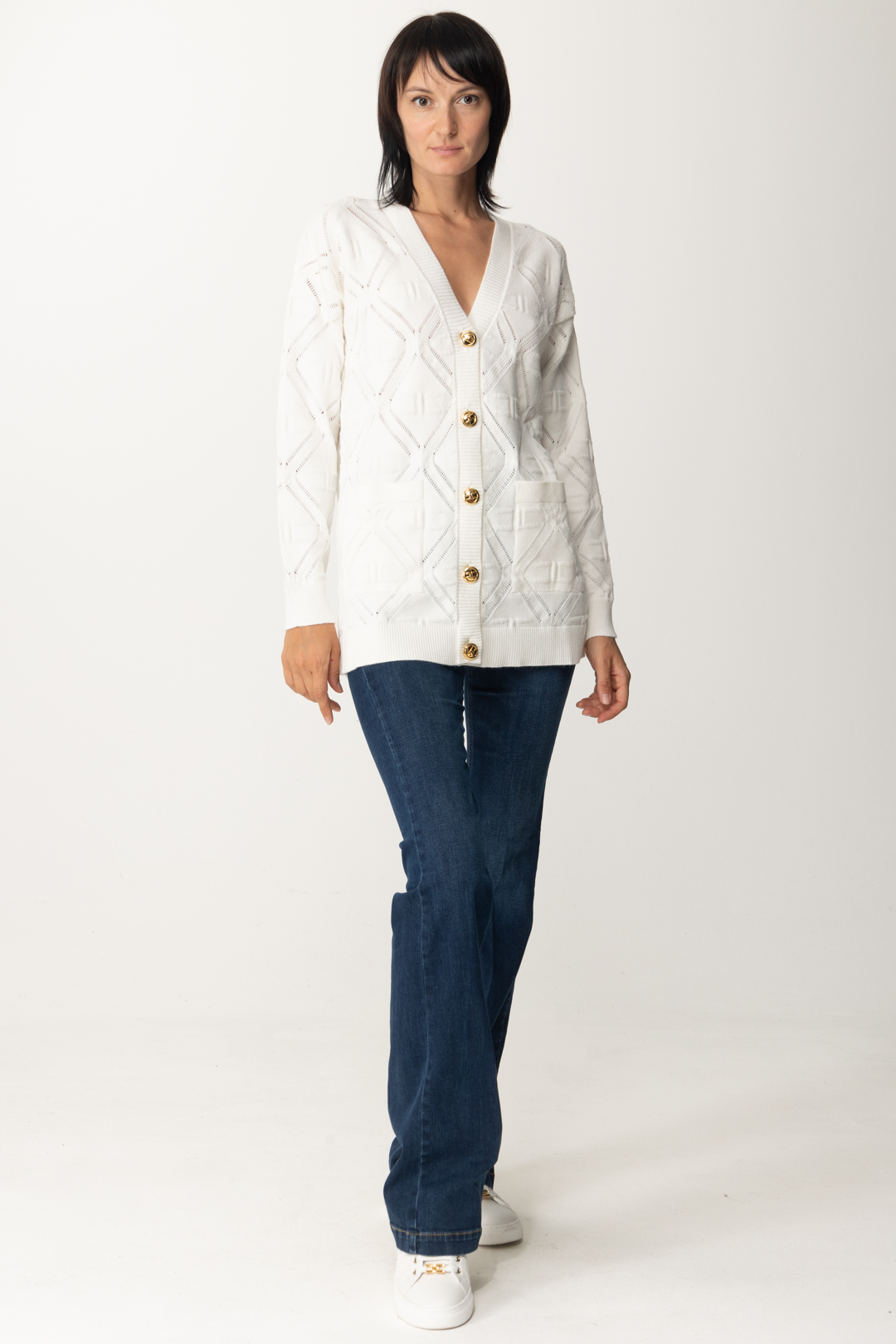 Preview: Elisabetta Franchi Oversized cardigan in lace stitch knit Avorio