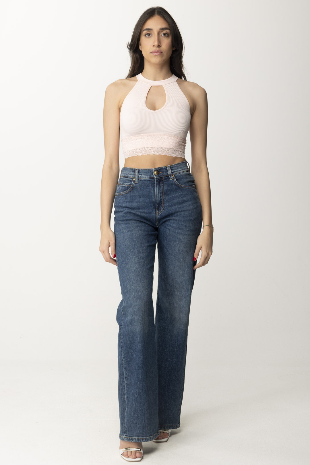 Anteprima: Guess Crop top tricot con orlo in pizzo WANNA BE PINK