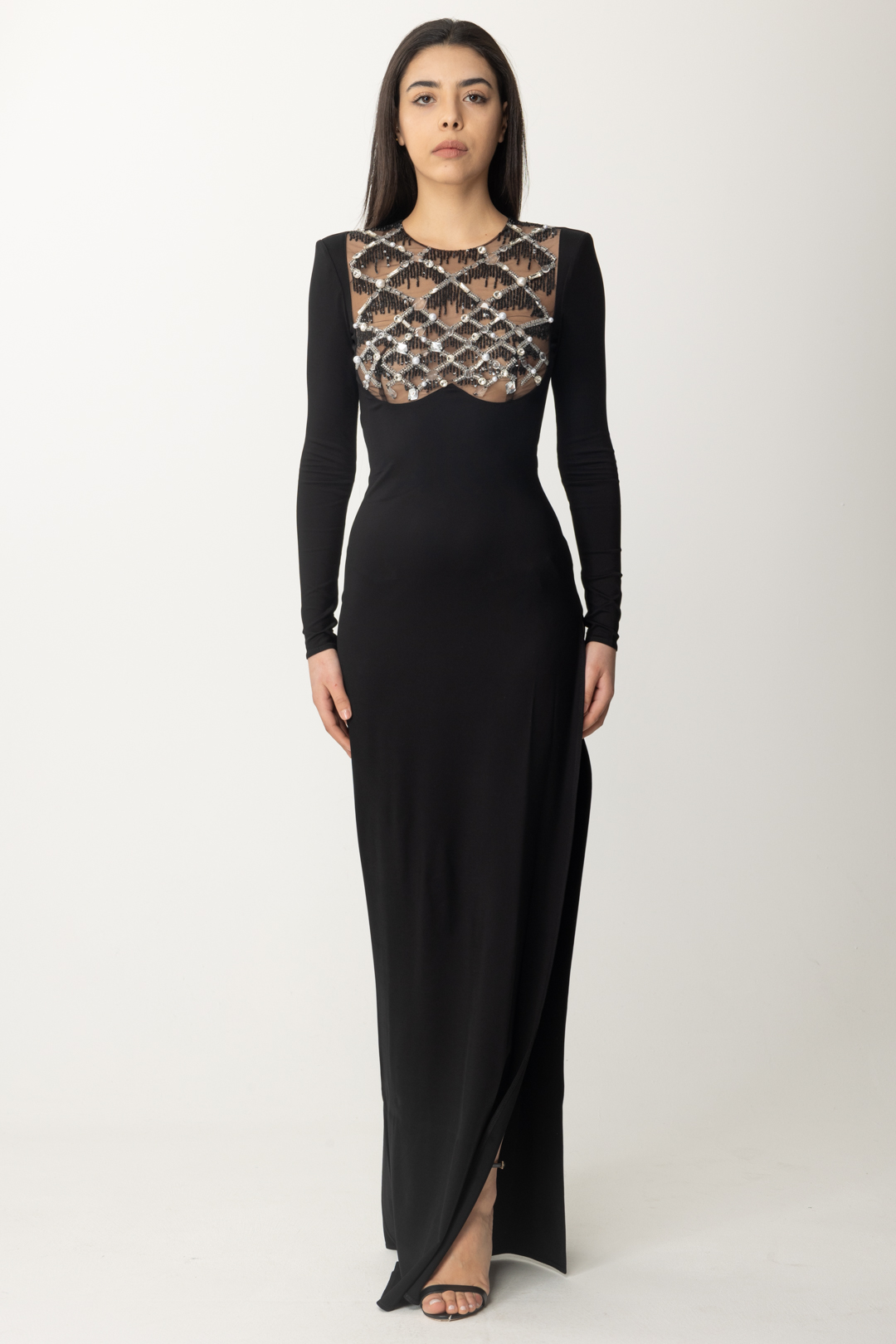Preview: Elisabetta Franchi Red Carpet Dress with Embroidered Bodice Nero