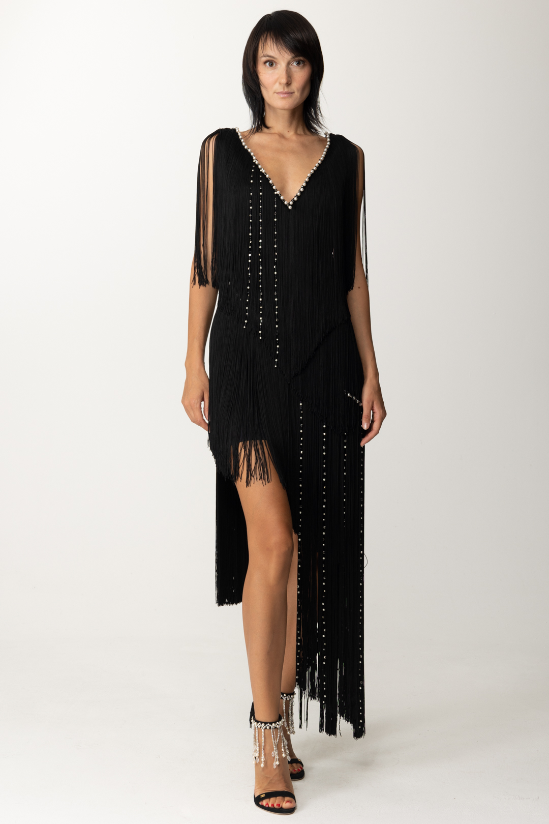 Preview: Elisabetta Franchi Dress with asymmetric fringes Nero