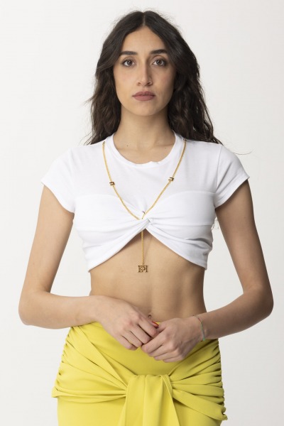 Elisabetta Franchi  Cropped T-shirt with knot MA02141E2 GESSO