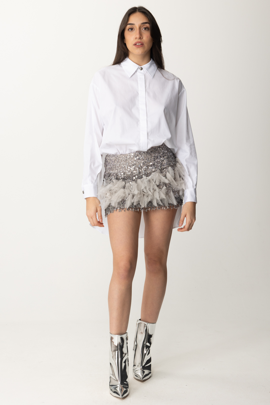 Aperçu: Elisabetta Franchi Mini-robe avec chemise et jupe brodées Bianco/Perla