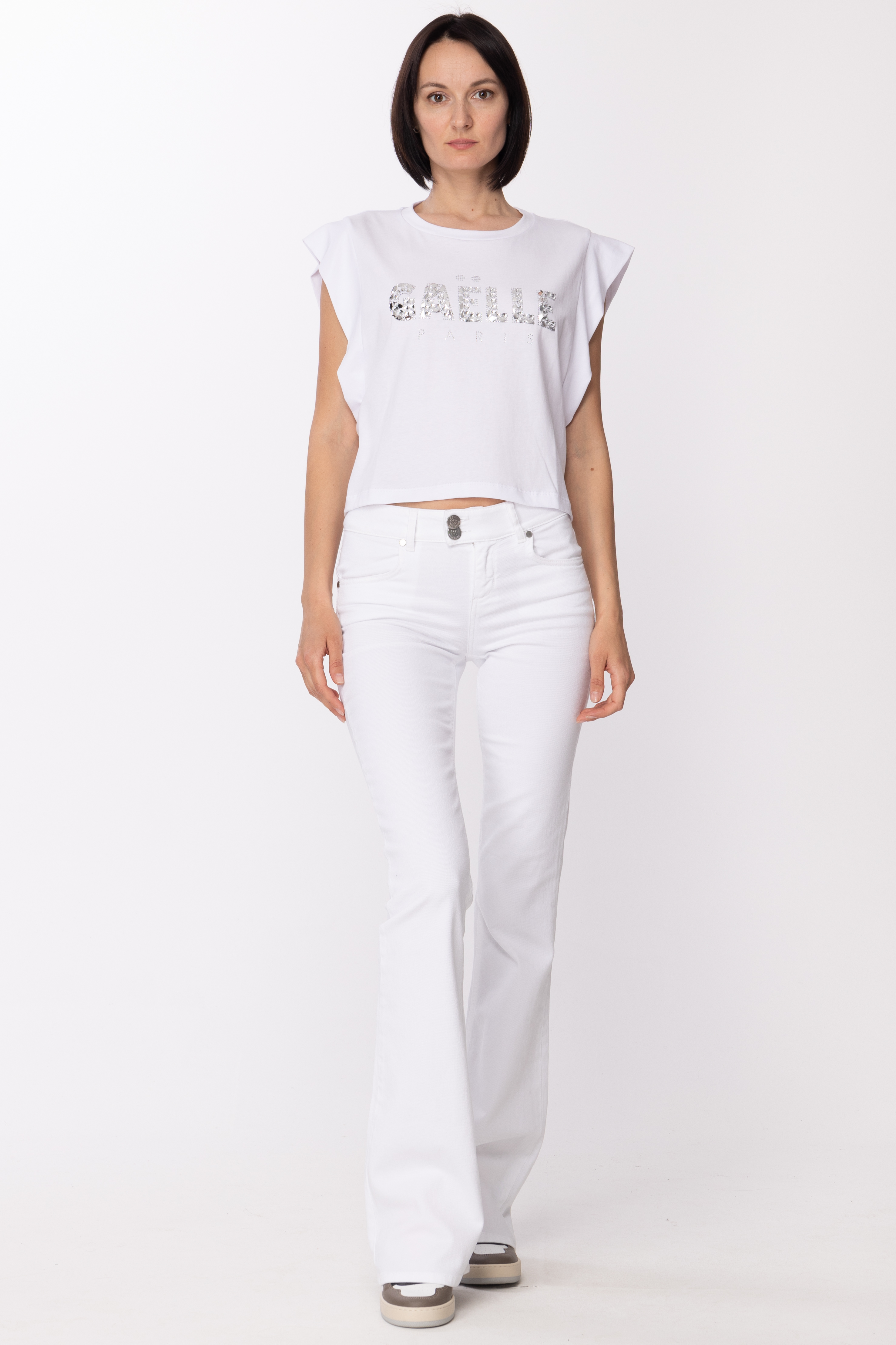 Preview: Gaelle Paris Tshirt with rhinestone logo Bianco