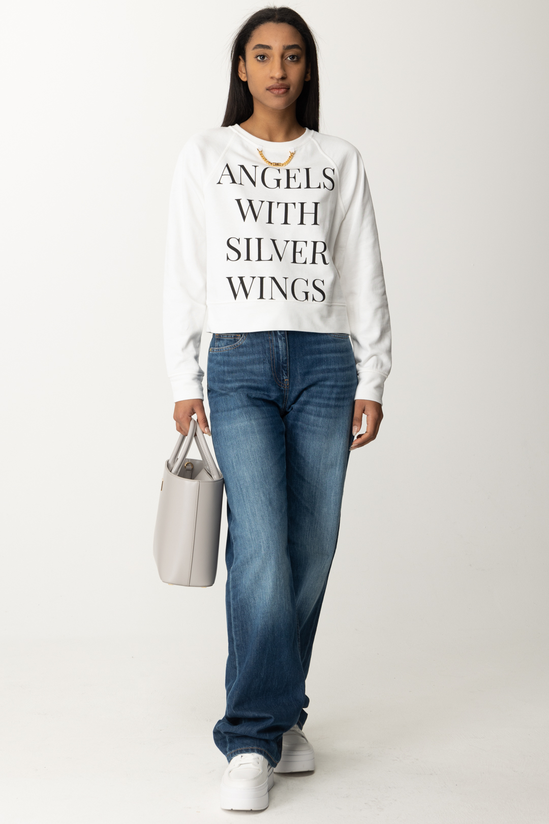 Preview: Elisabetta Franchi Sweatshirt with Printed Slogan Avorio