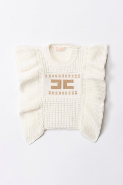 ELISABETTA FRANCHI BAMBINA  Trykotowy sweter z logo i falbankami ENMA007CFL001.D348 IVORY/SAND
