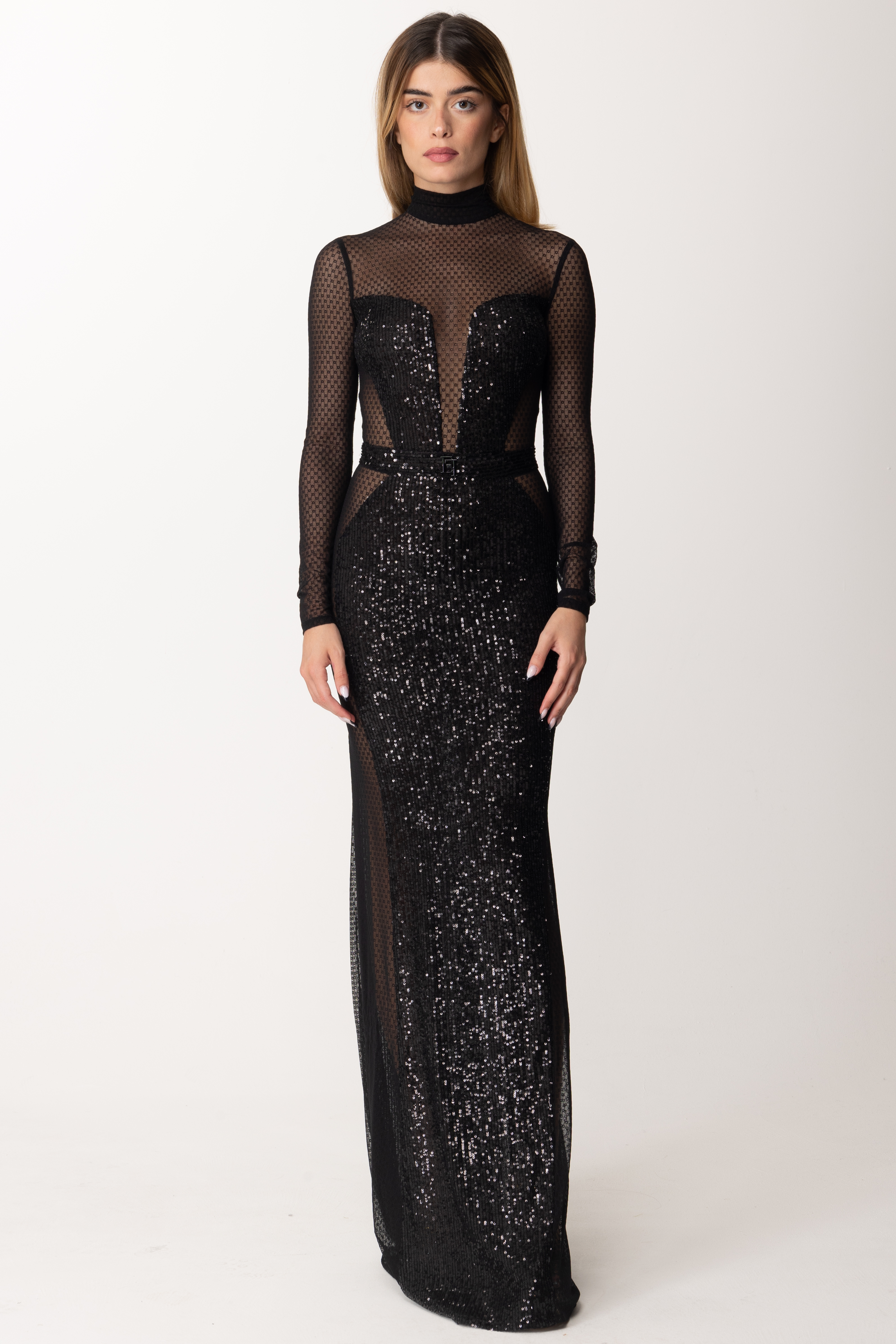 Preview: Elisabetta Franchi Long dress with transparencies and sequins Nero