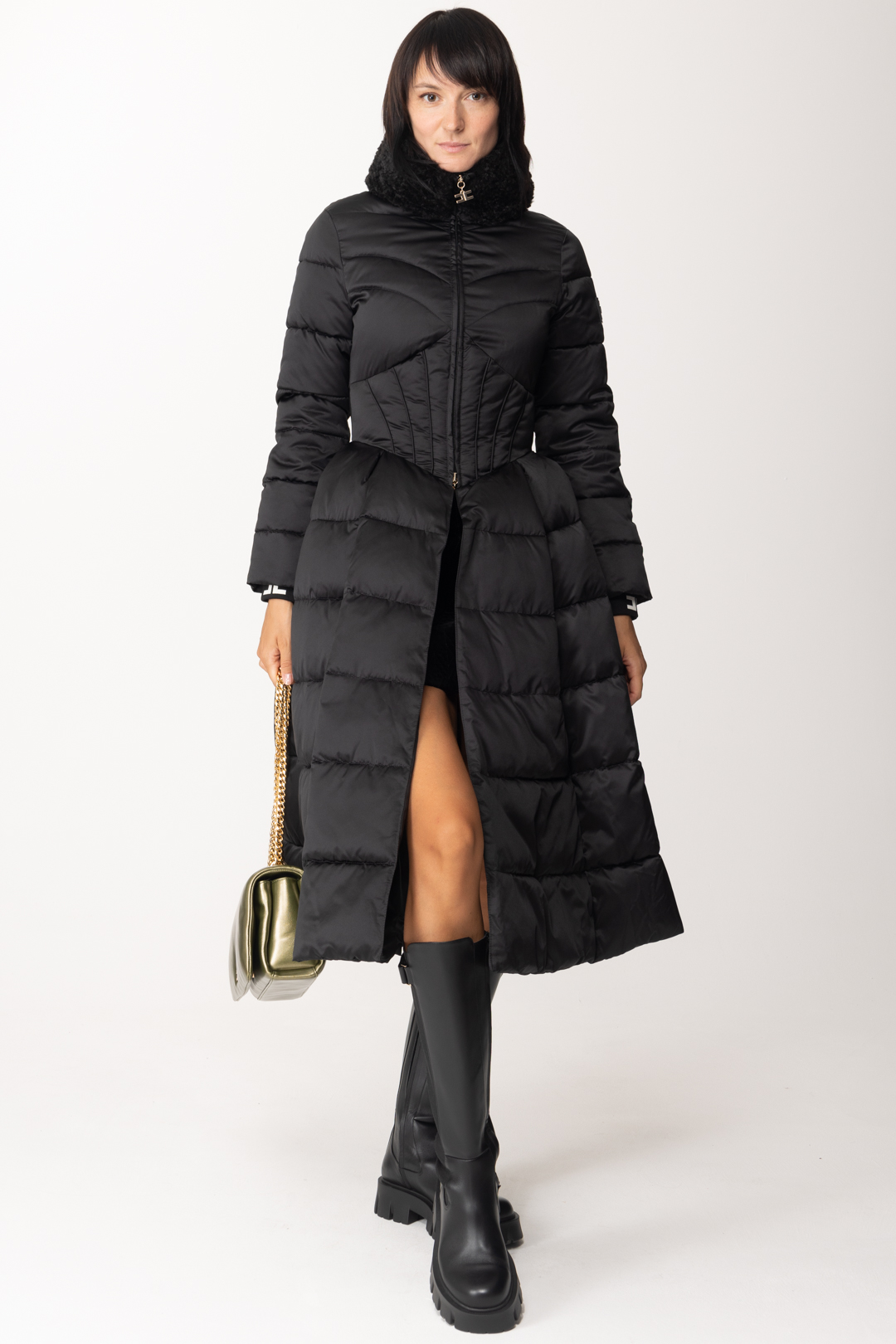 Preview: Elisabetta Franchi Reversible coat with fur collar Nero