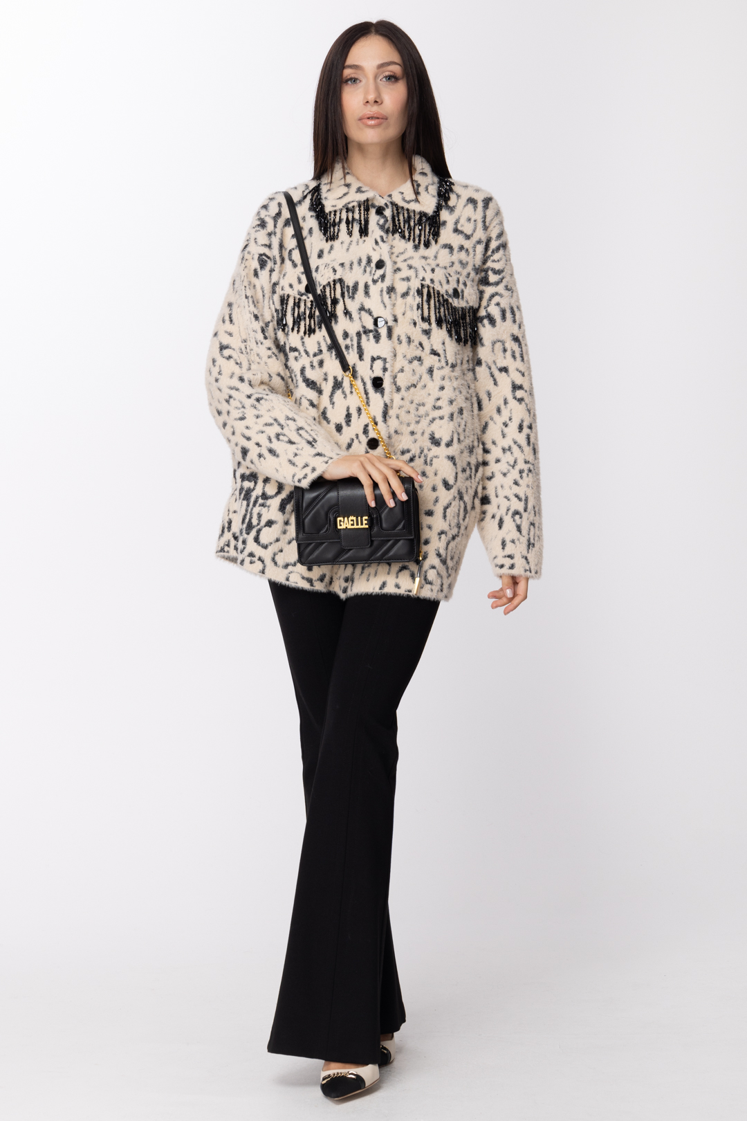Preview: Pinko Fur-like jacket with beaded fringes panna/nero