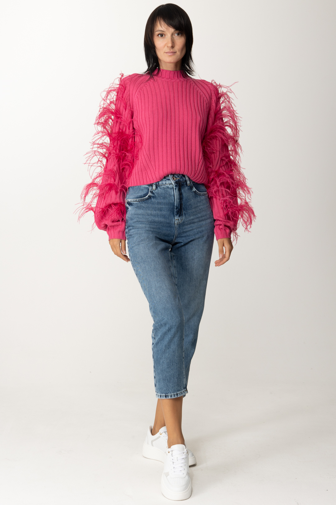 Preview: Patrizia Pepe Ribbed sweater with feathers Dynamic Fuxia