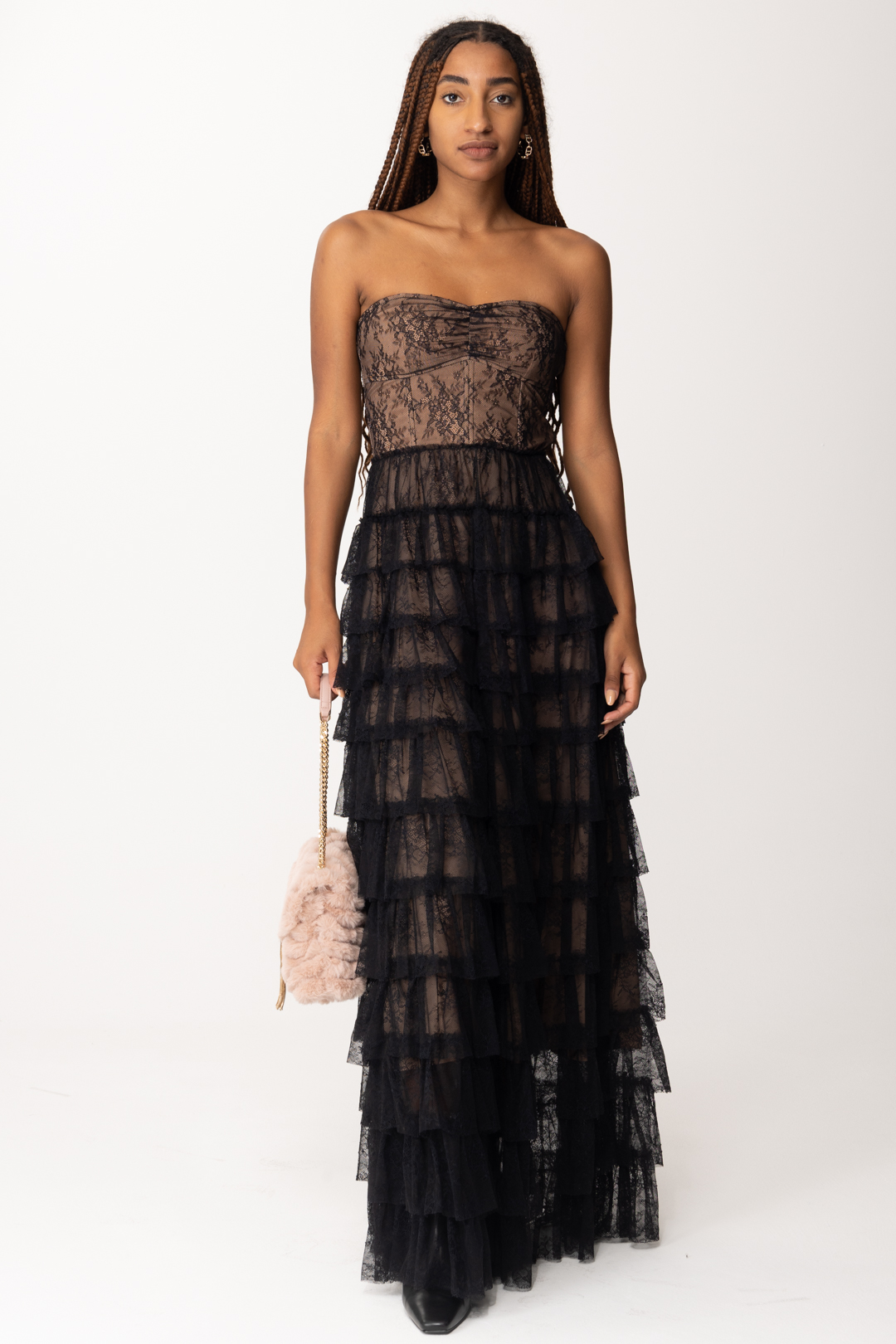 Preview: Twin-Set Long bustier dress with lace and ruffles Nero