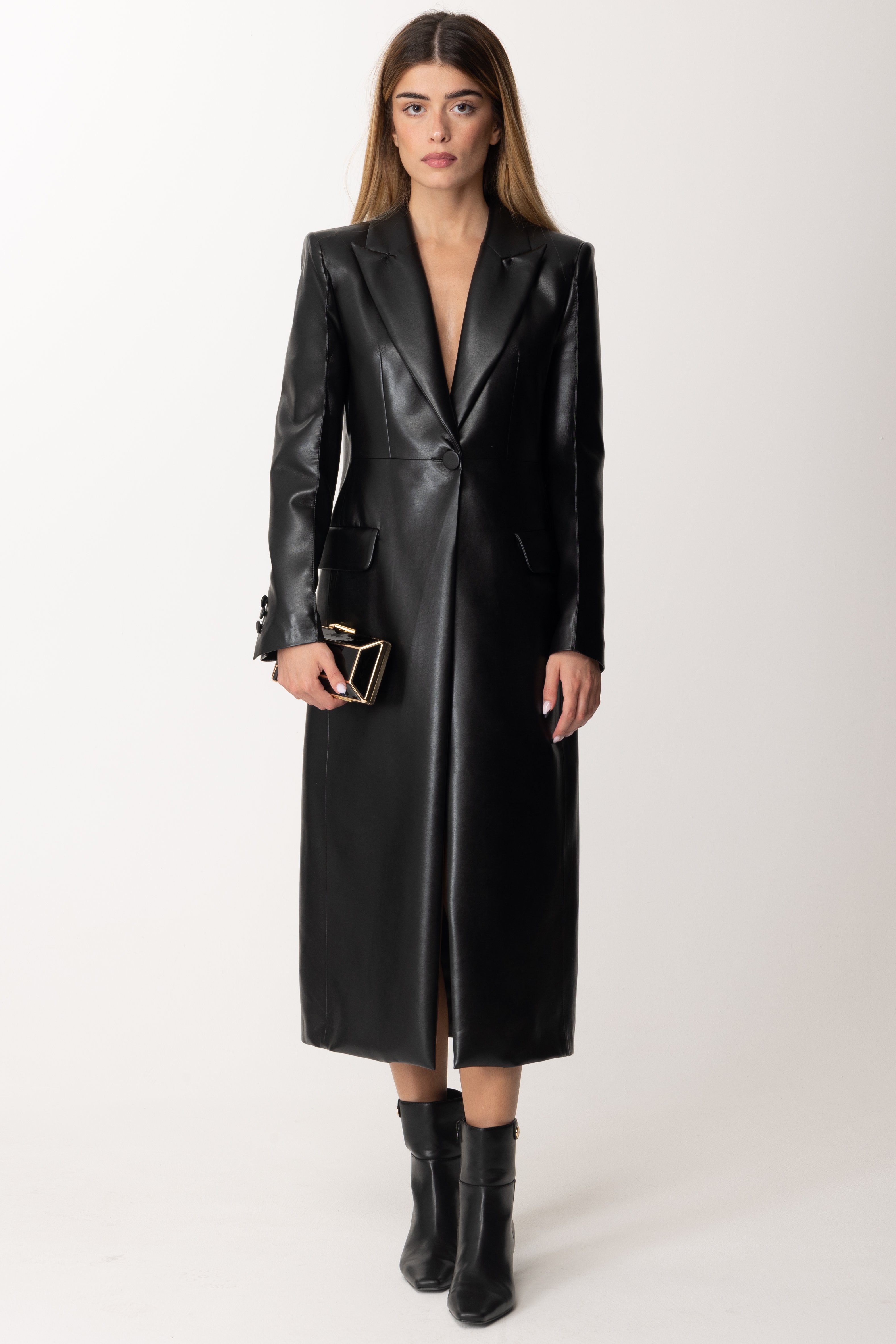 Preview: Simona Corsellini Single-breasted trench coat in coated fabric Nero