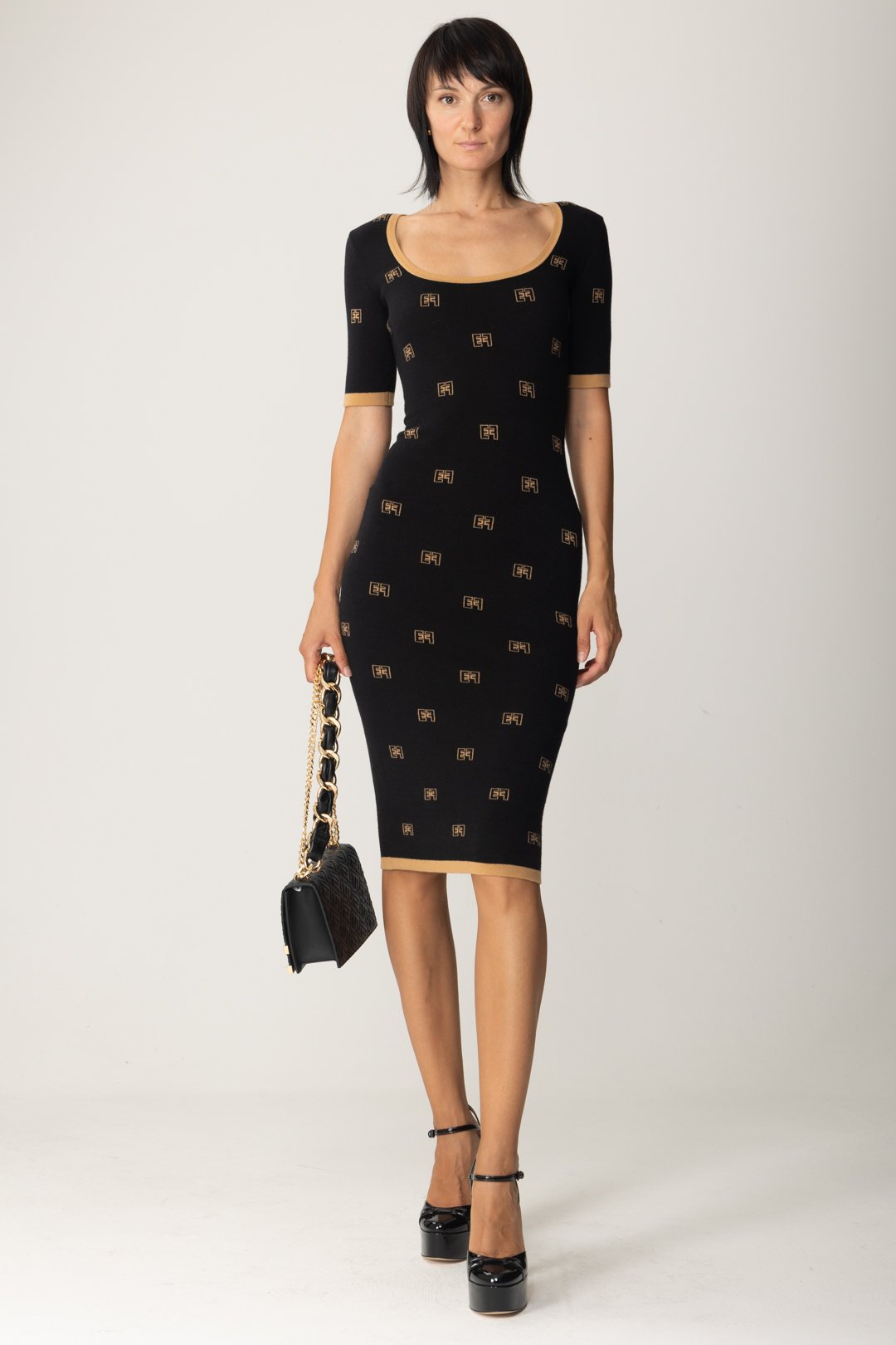 Preview: Elisabetta Franchi Knitted midi dress with belt and logo print NERO/CARAMELLO